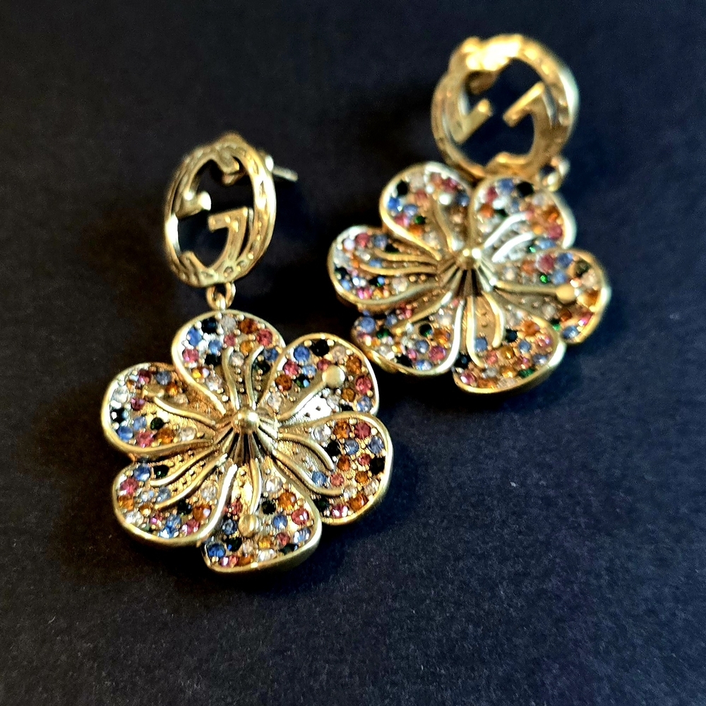 Gold-Tone Multicolor Crystal Flower Drop Earrings W Logo